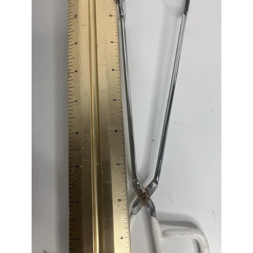 Vintage Ekco Scissor Tongs White Vinyl Coated Handles Chrome Plated Serving Tool